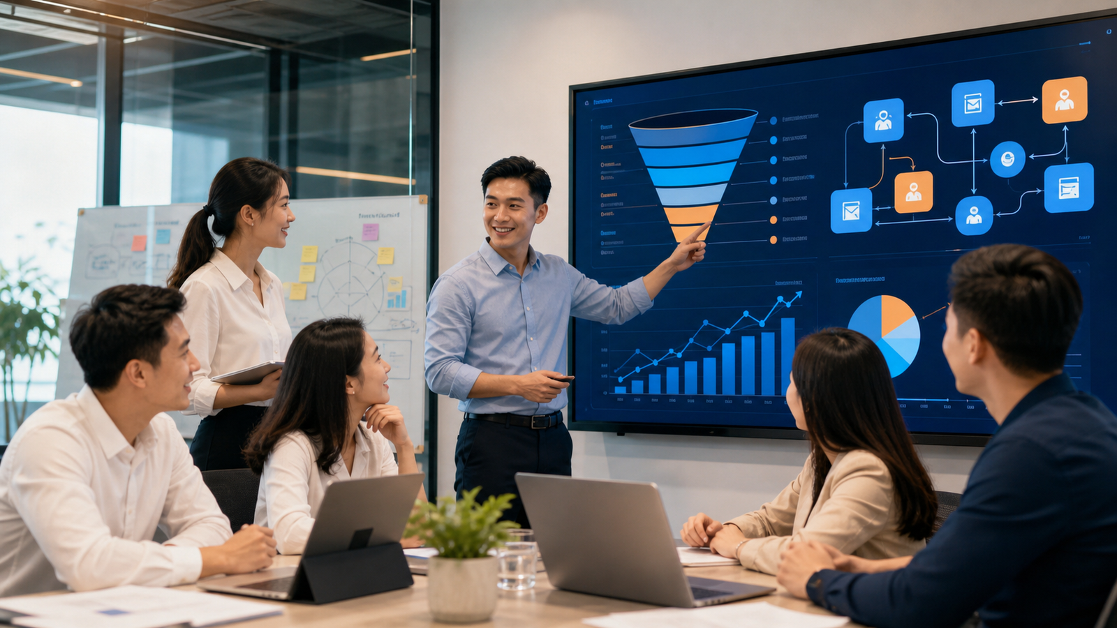 Nhóm doanh nhân Việt Nam thảo luận về funnel, dashboard và hệ thống tự động hóa kinh doanh